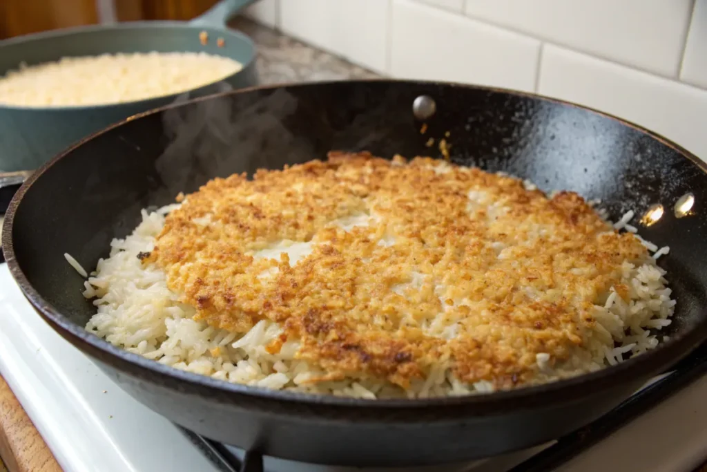 Rice frying in a skillet to become crispy.