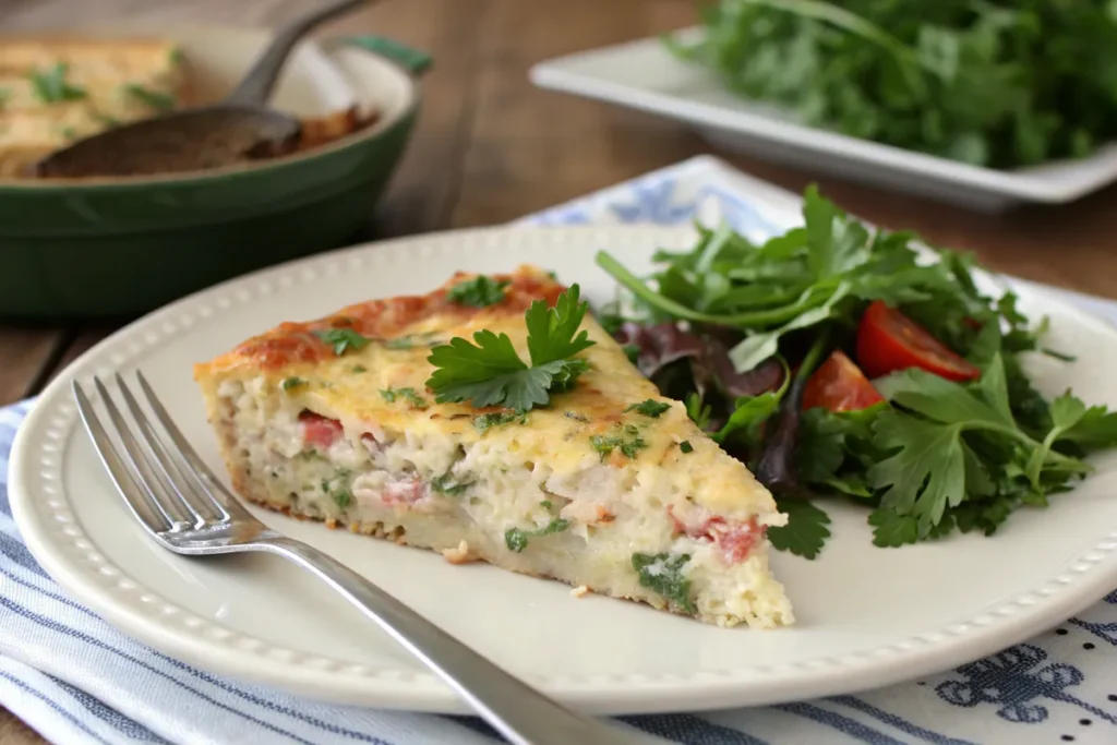 A slice of chicken broccoli rice casserole served with salad.