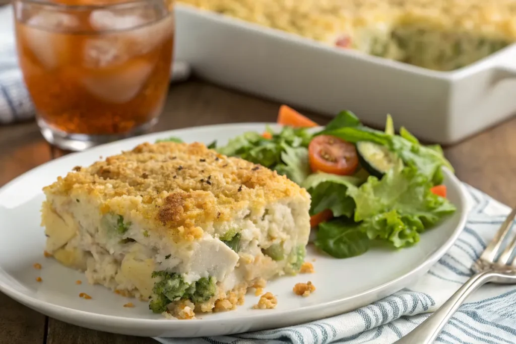 A slice of chicken broccoli rice casserole served with salad and iced tea.