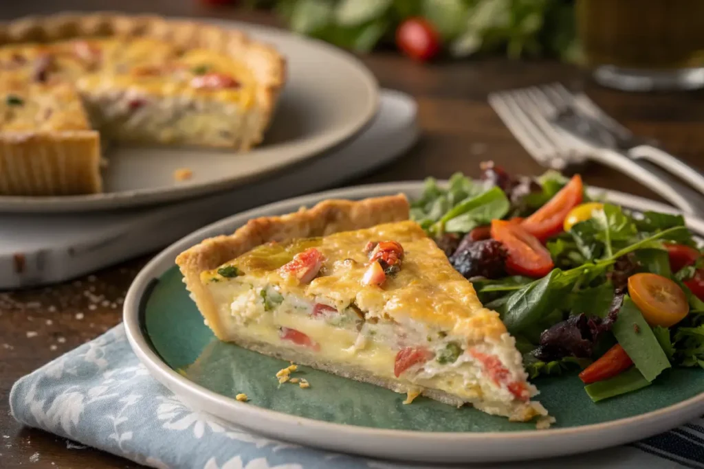 A slice of crab quiche with a green salad and white wine.