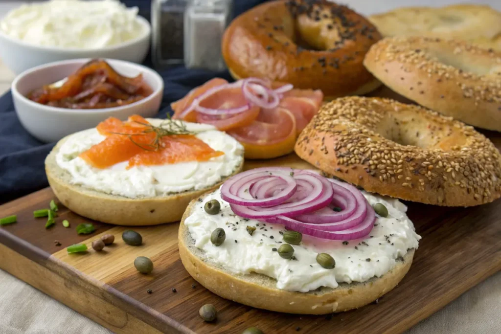 Assorted bagels with cream cheese and toppings.