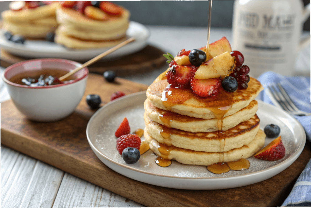 Stack of mini pancakes with maple syrup and fresh fruit.