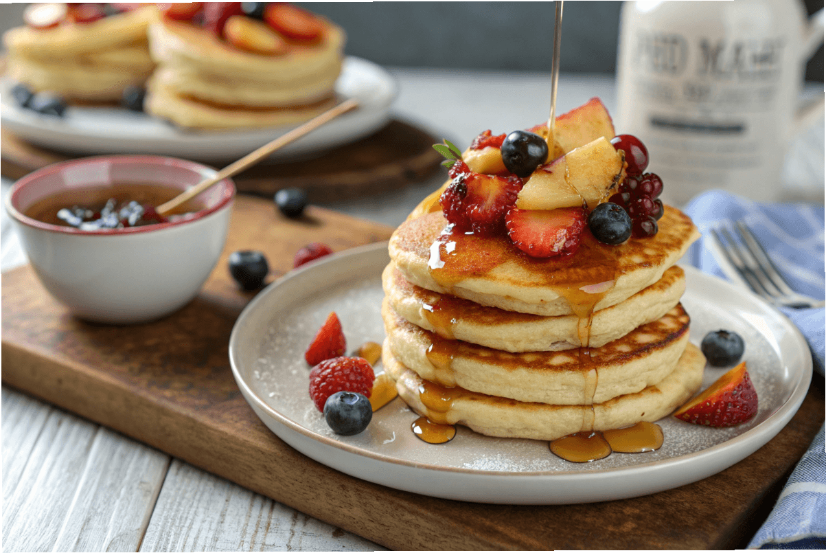 Stack of mini pancakes with maple syrup and fresh fruit.