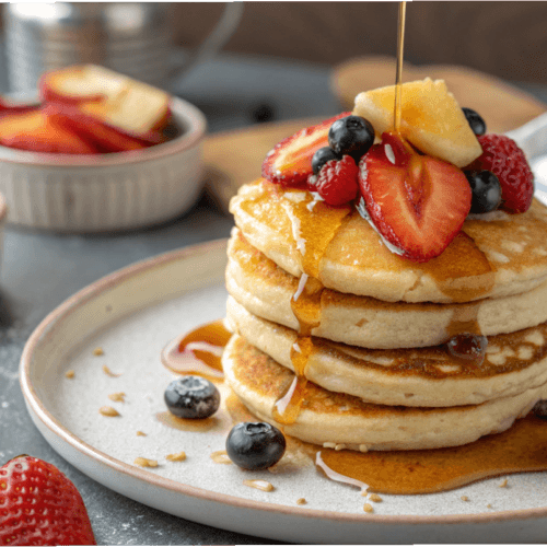 A stack of small pancakes accompanied by maple syrup and fresh fruit.