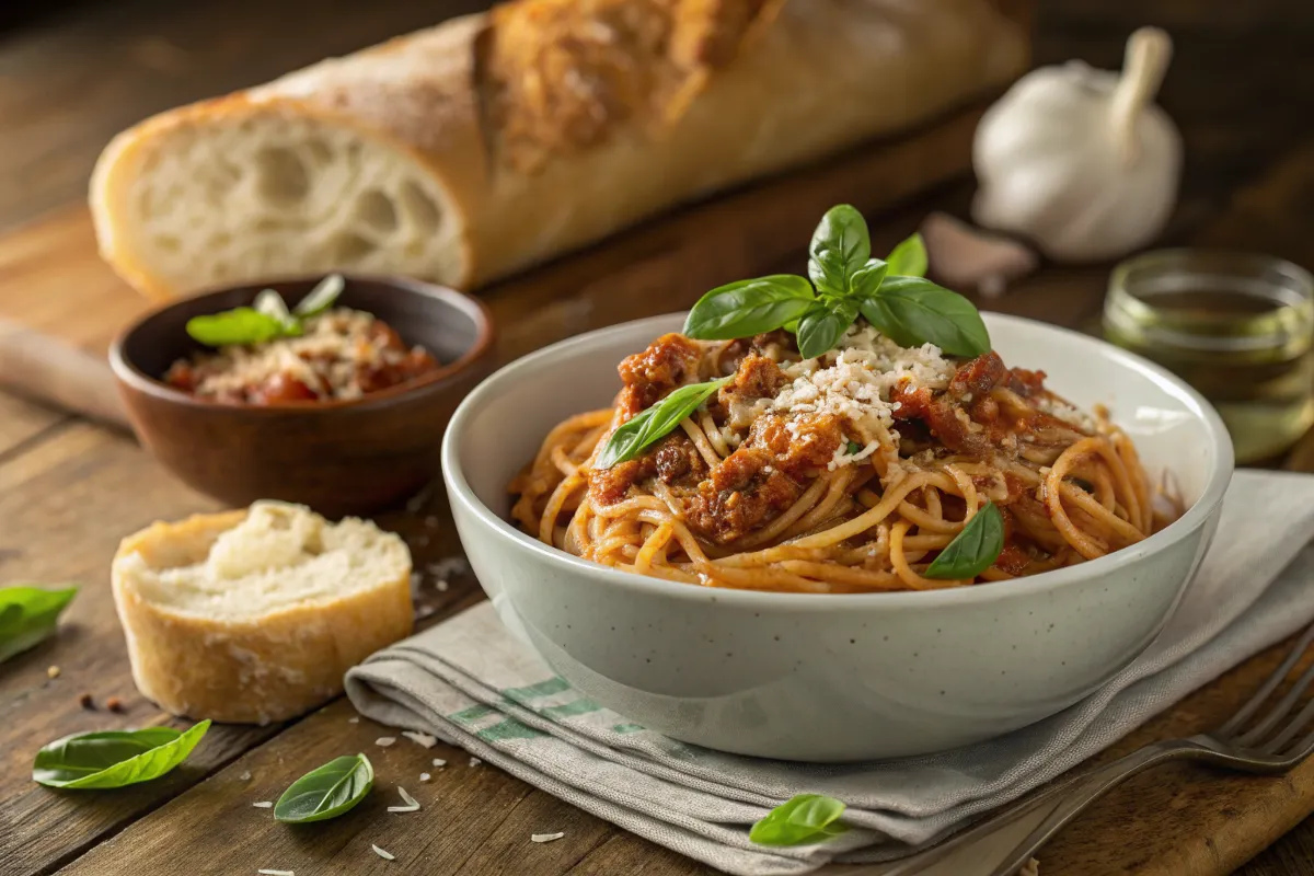 Bowl of crockpot spaghetti with basil and Parmesan.