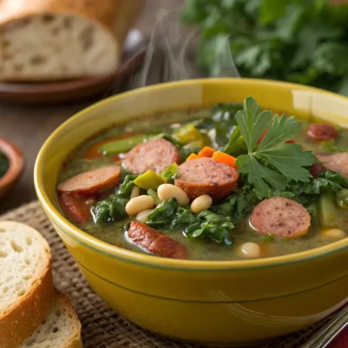 Bowl of swamp soup with greens, beans, and sausage, garnished with parsley.