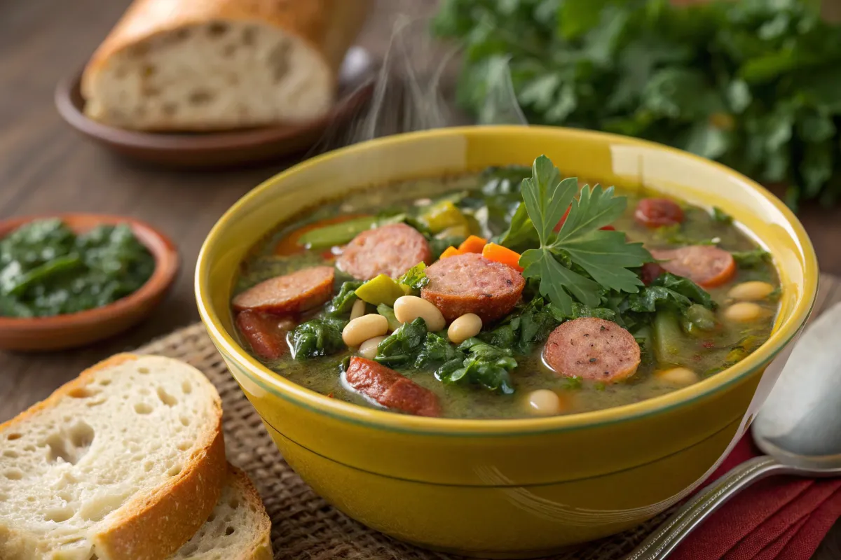 Bowl of swamp soup with greens, beans, and sausage, garnished with parsley.