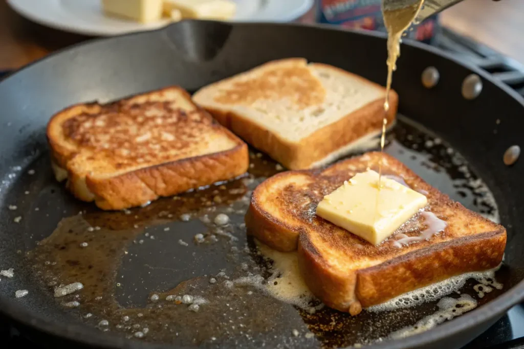 A French toast sandwich cooking on a skillet with melted butter.