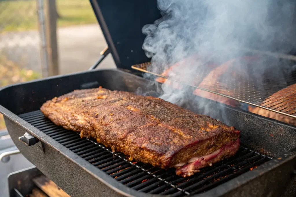 Smoked brisket on a grill with a dark, crispy crust.