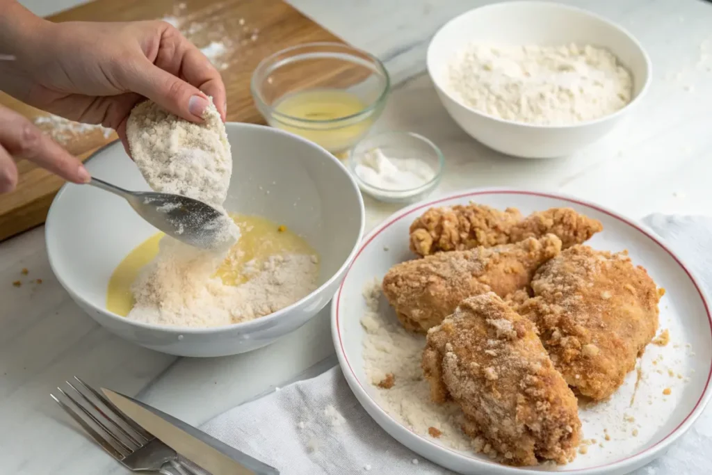 Chicken being breaded and fried for a Buffalo Chicken Sandwich.