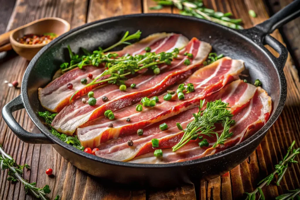 Beef bacon sizzling in a cast-iron skillet