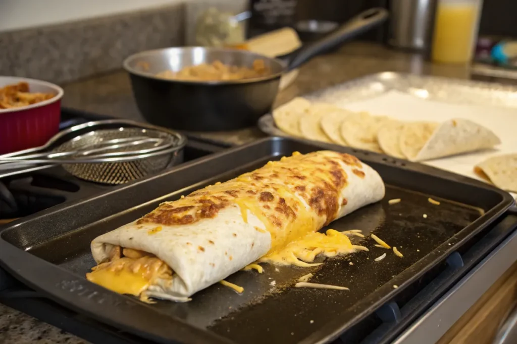 Grilling a burrito with melted cheese for a crispy crust.