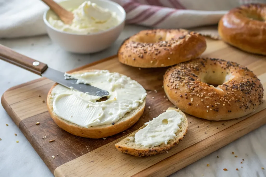 Preparing a bagel with cream cheese step by step.