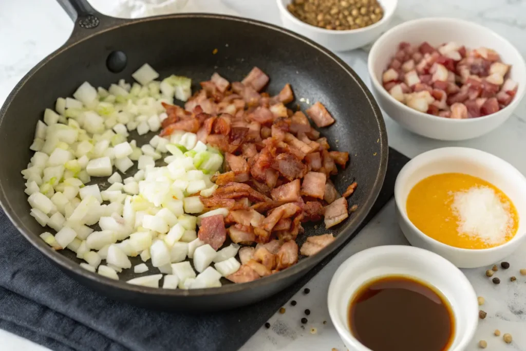 Ingredients for baked beans being prepared in a skillet