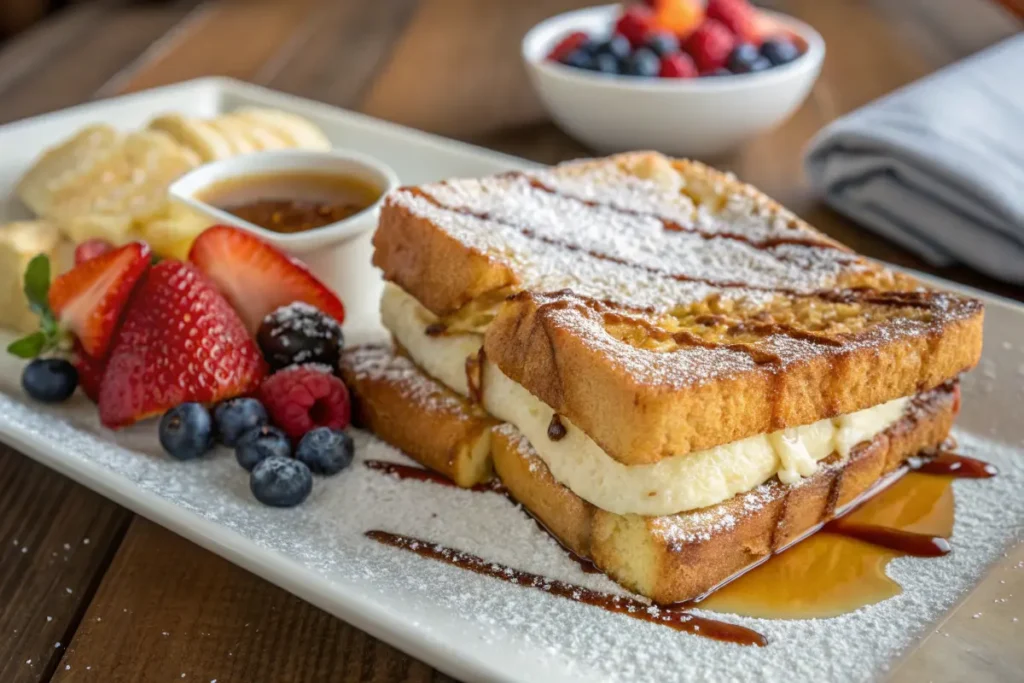 A sweet French toast sandwich with syrup and powdered sugar.