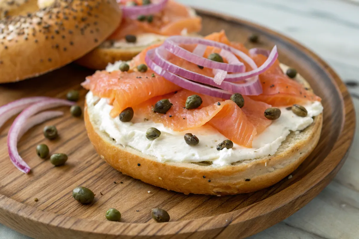 Everything bagel with cream cheese, smoked salmon, and capers.