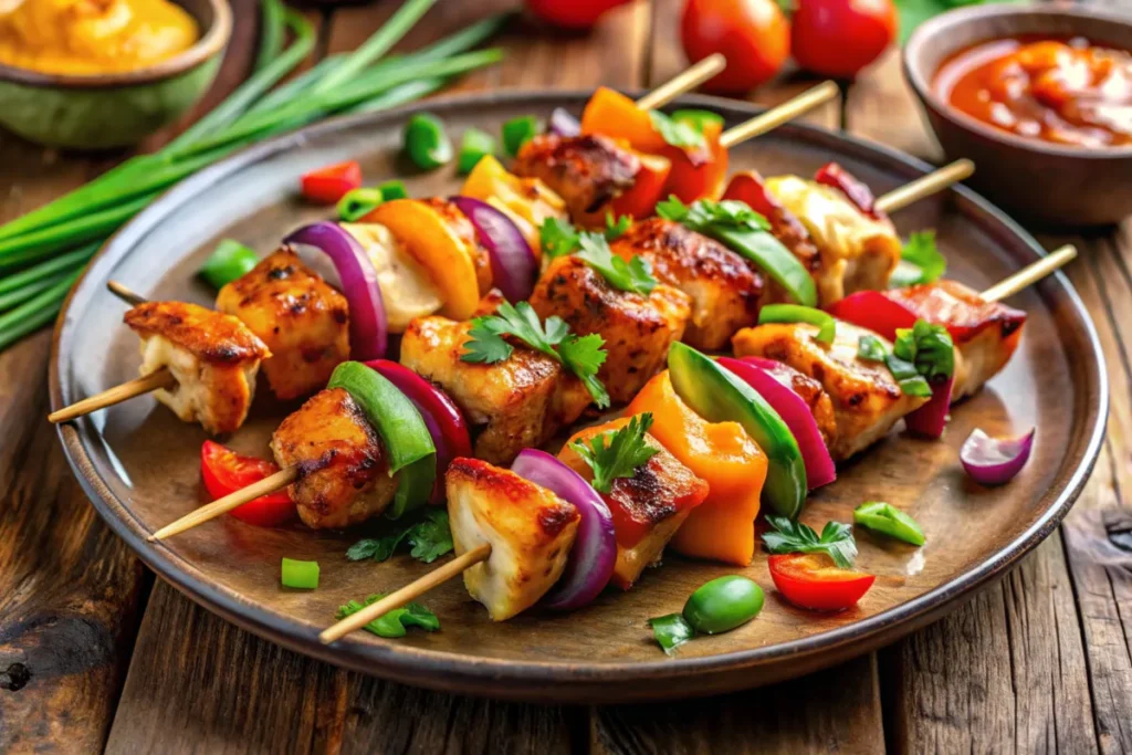 Bang Bang Chicken Skewers served on a rustic wooden platter with colorful vegetables and creamy sauce, perfectly grilled