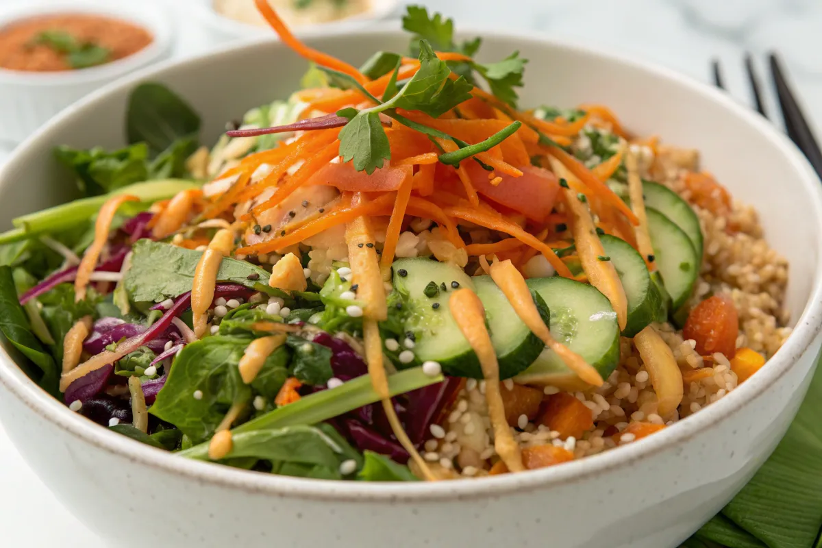 Crispy rice salad with mixed greens, vegetables, and dressing.