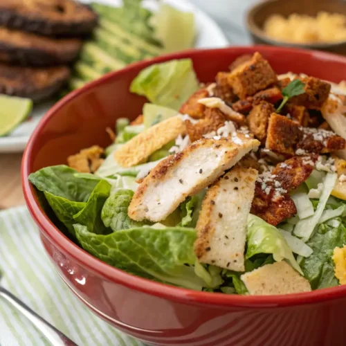 Mexican Caesar salad with romaine lettuce, grilled chicken, croutons, and avocado slices