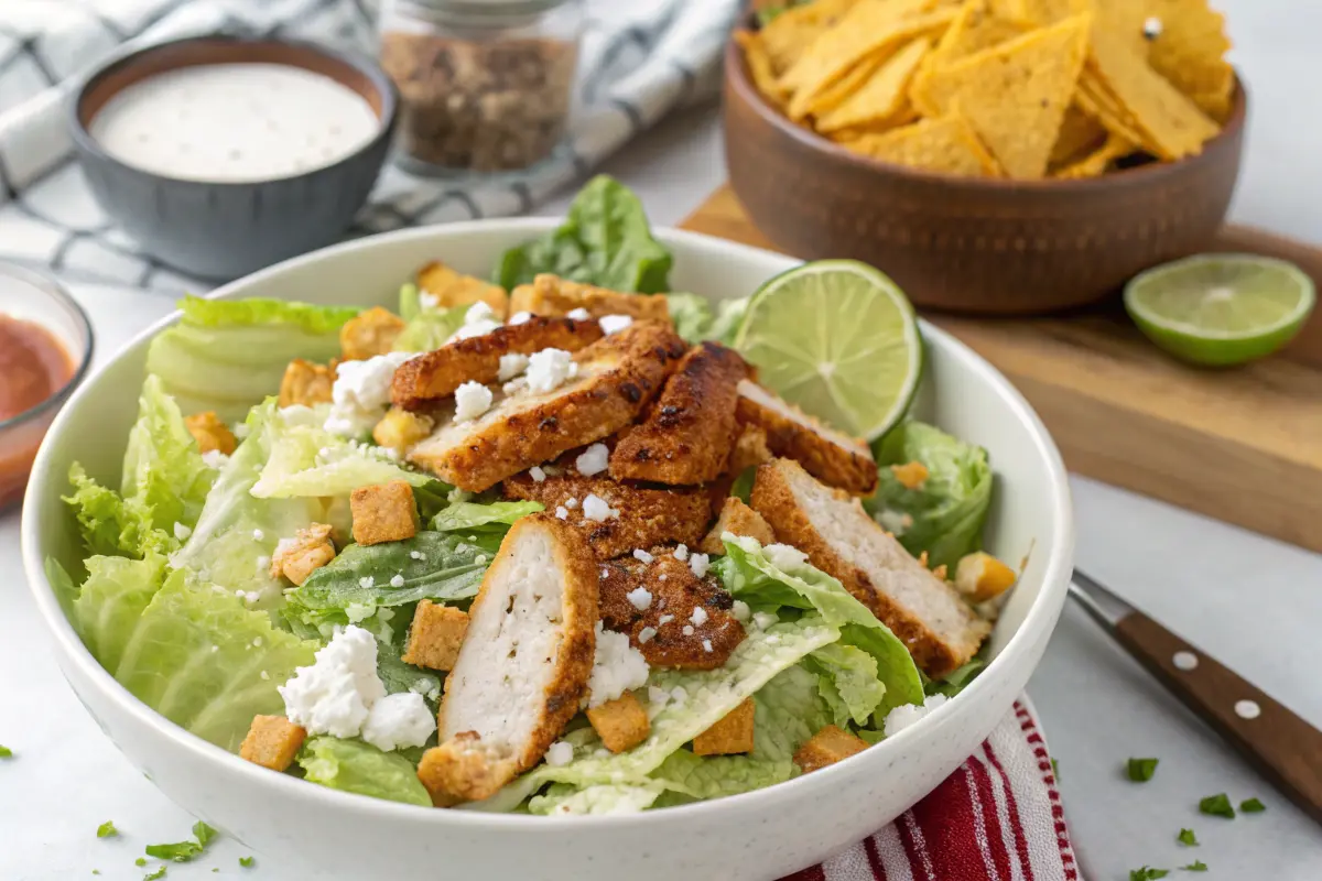 Bowl of Mexican Caesar Salad with romaine, chicken, and tortilla strips.