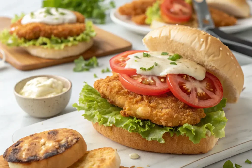 Assembling a crispy chicken cutlet sandwich with fresh toppings