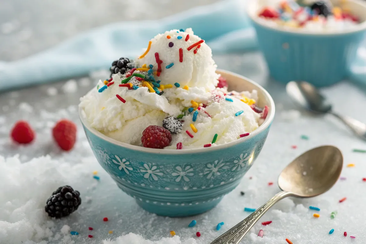 Featured image of homemade Snow Cream with sprinkles and berries, perfect for a winter treat.