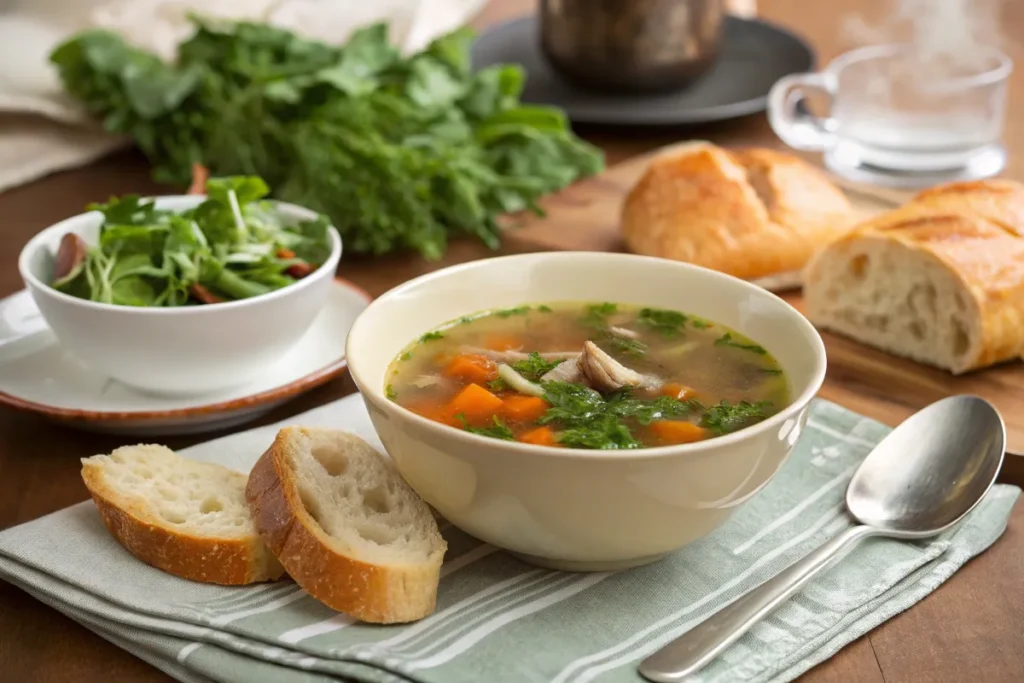 A hearty bowl of bone broth soup with bread and salad