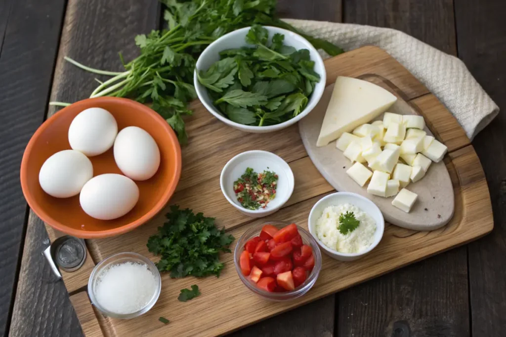 Ingredients for an egg white frittata on a wooden board.