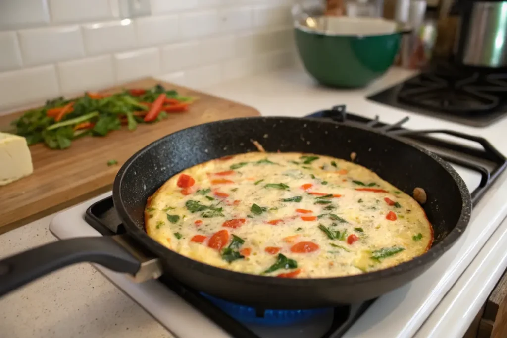 Egg white frittata cooking in a skillet with vegetables.