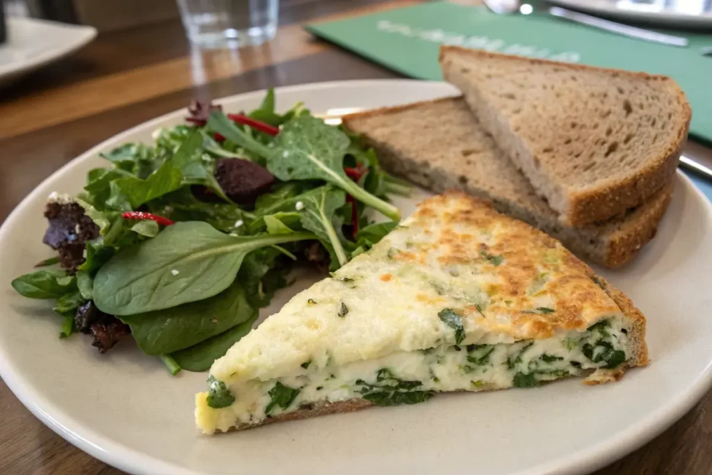 Egg white frittata slice served with salad and toast.