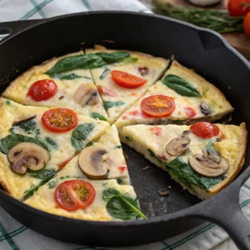 Vegetable frittata with cherry tomatoes, mushrooms, and spinach in a cast iron skillet