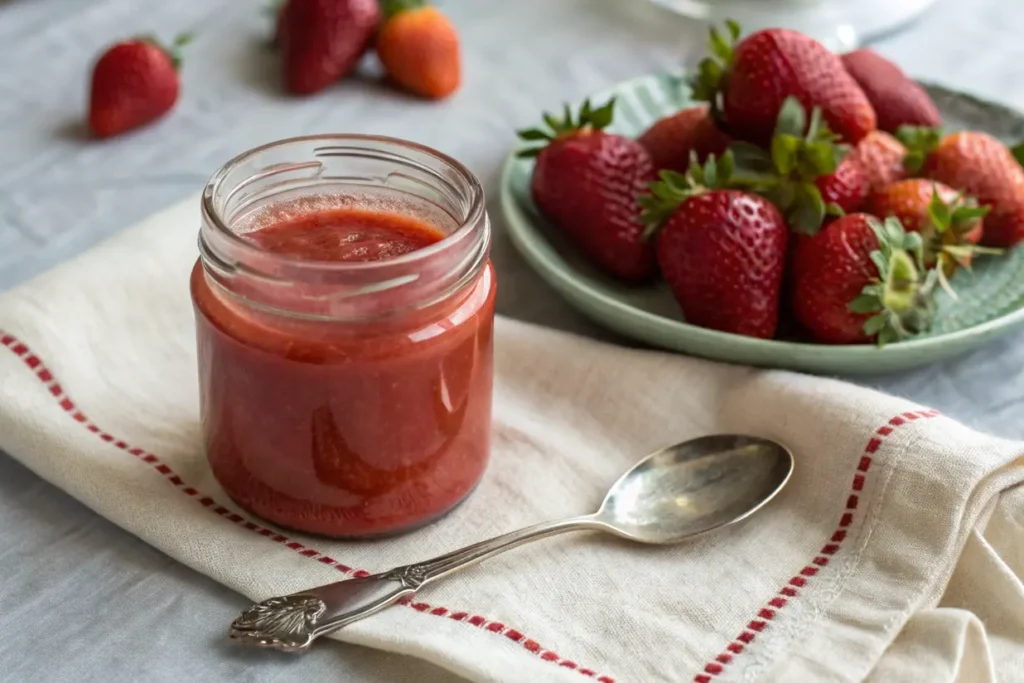 Smooth strawberry puree in a jar with fresh strawberries.