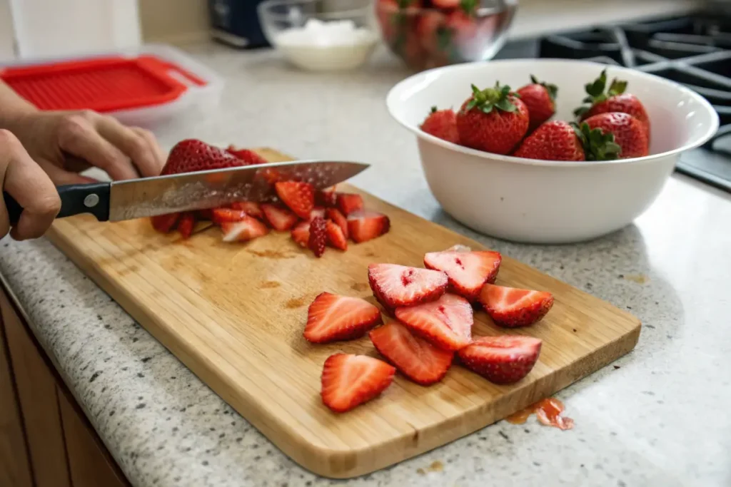 Fresh strawberries on a cutting board for making puree.