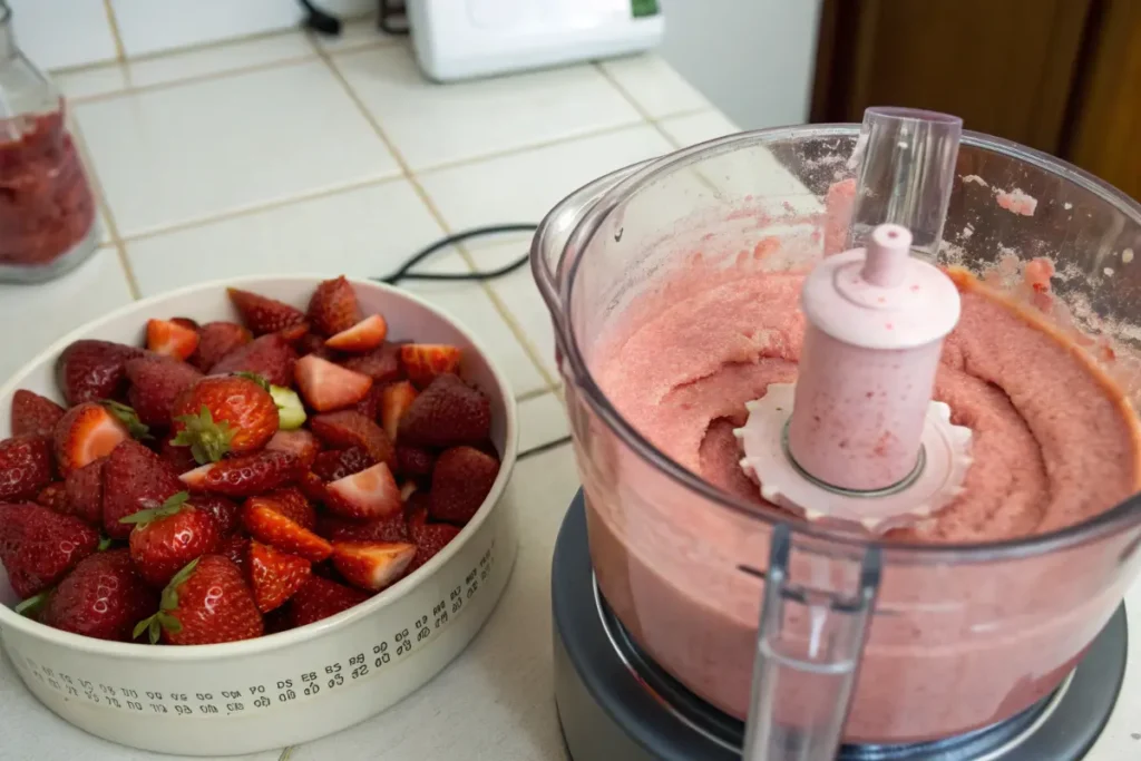 Strawberry puree being blended in a food processor.