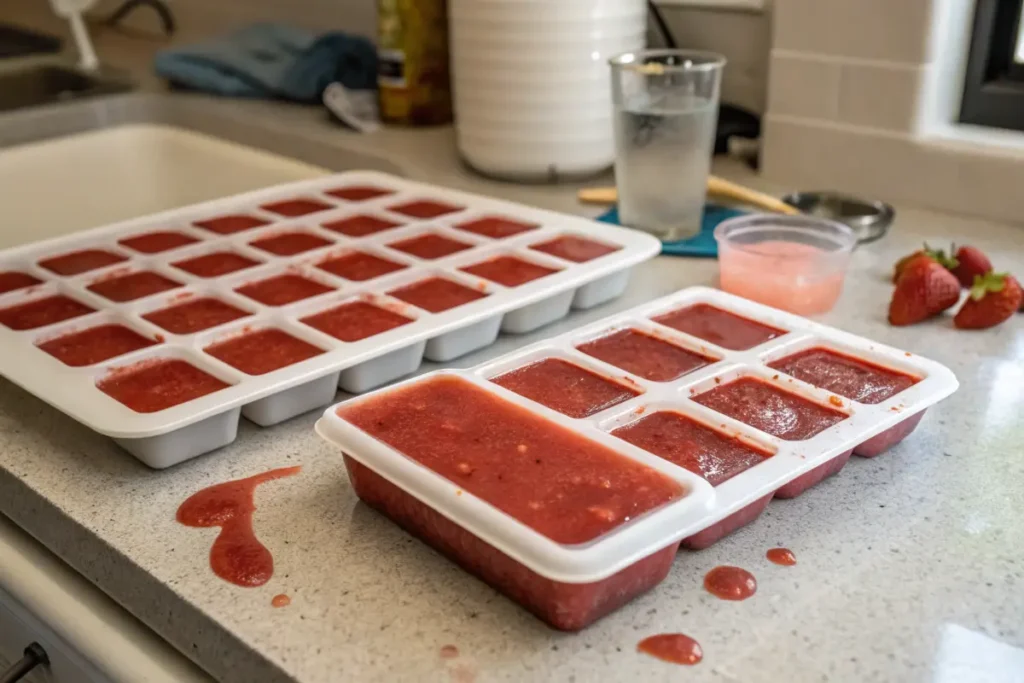 Strawberry puree portioned into ice cube trays for freezing.