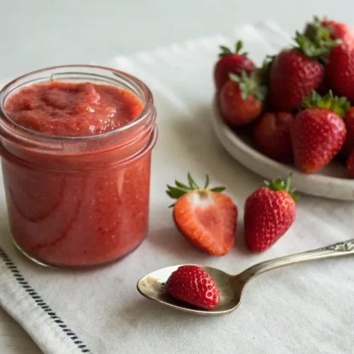 Homemade strawberry Pureein a glass jar with fresh strawberries on a plate