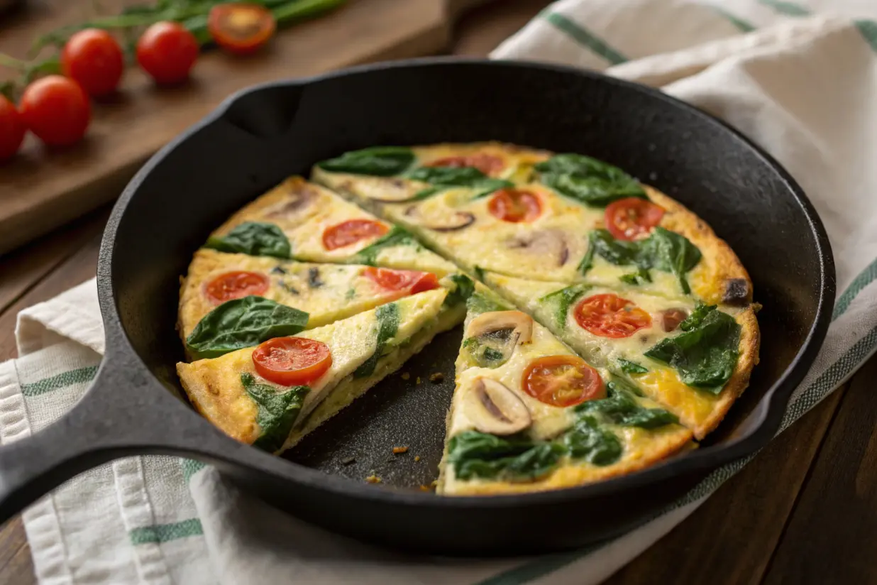 Egg white frittata with vegetables in a cast-iron skillet.