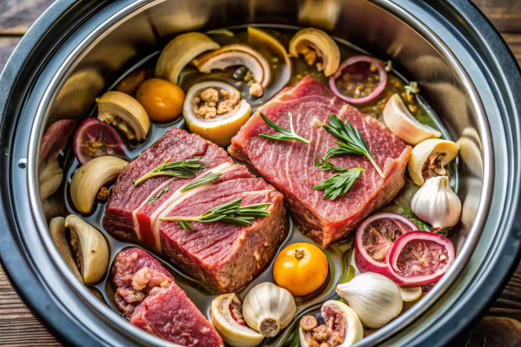 Layering ingredients for slow cooker cube steak.