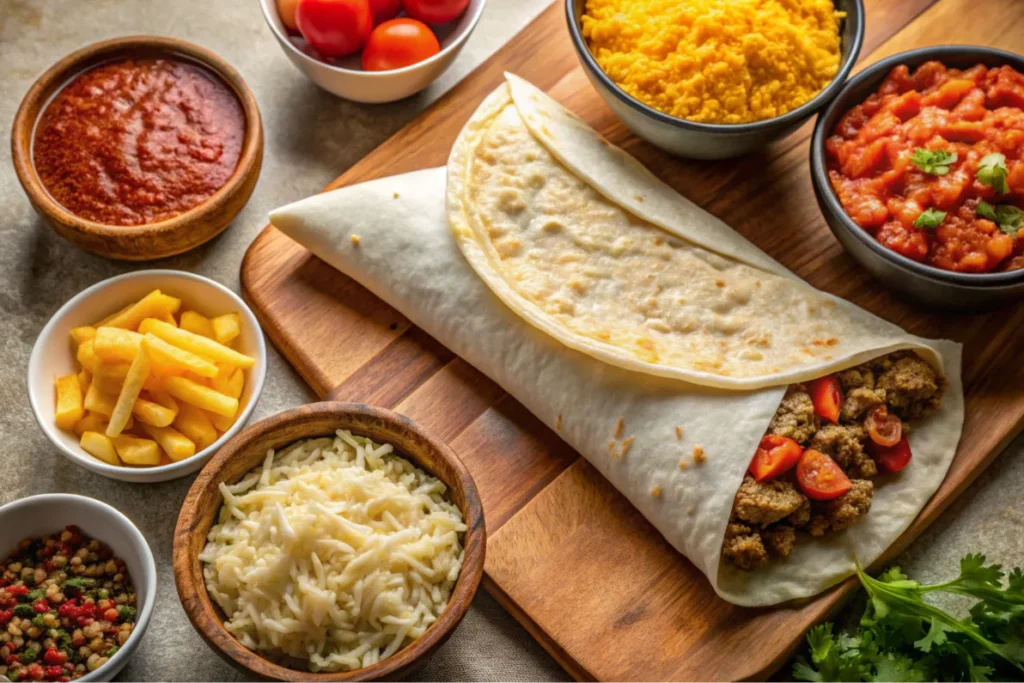 Ingredients for a grilled cheese burrito, including tortilla, shredded cheese, seasoned beef, Mexican rice, red strips, and chipotle sauce, laid out on a kitchen counter