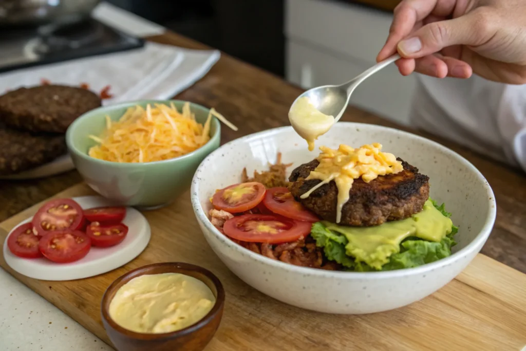 Step-by-step assembly of a Burger Bowl with lettuce, beef patty, tomatoes, avocado, cheese, bacon, and aioli. A helpful visual for the How to Make a Burger Bowl section in this Burger Bowl Guide