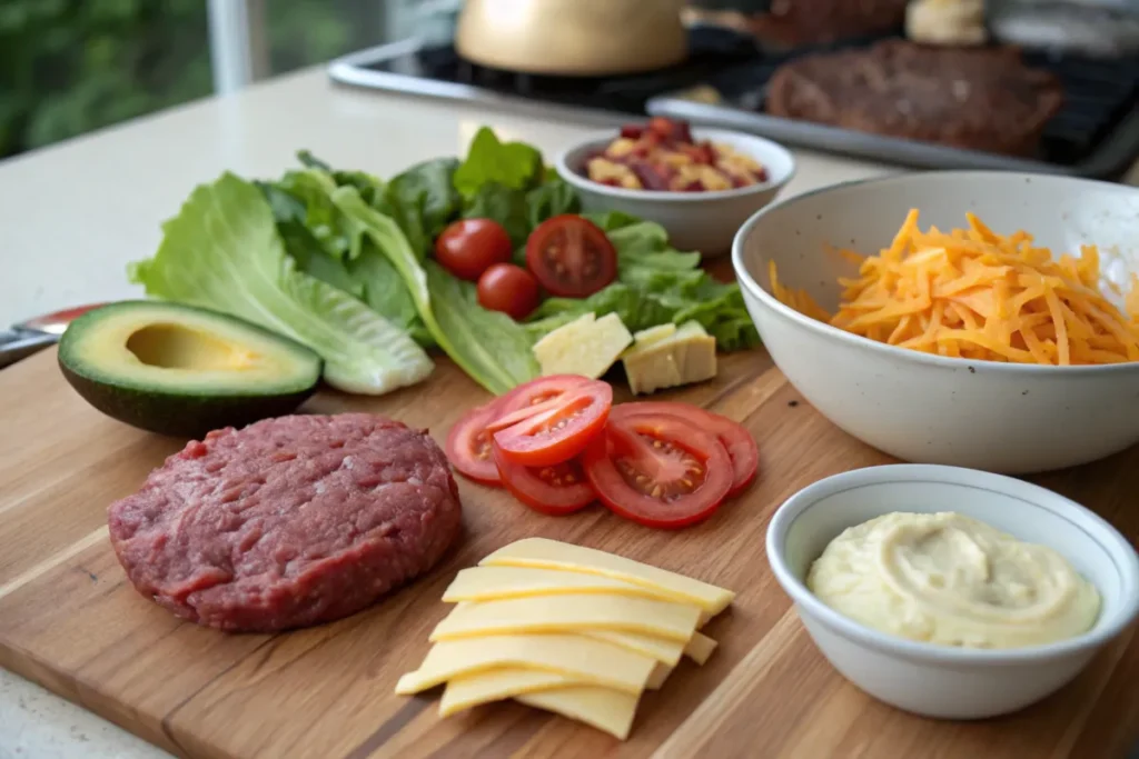 Fresh ingredients for a Burger Bowl, including beef patty, lettuce, tomatoes, avocado, cheese, bacon, and aioli. A key visual for the Components of a Burger Bowl in this Burger Bowl Guide