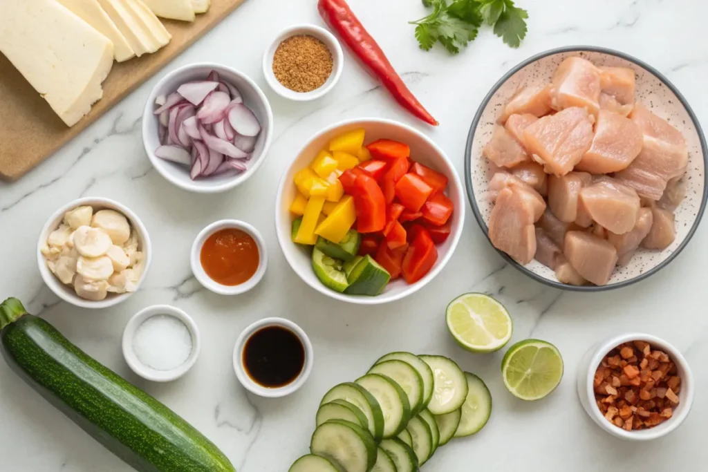 Fresh ingredients for Bang Bang Chicken Skewers including chicken, bell peppers, onions, and Bang Bang sauce arranged on a kitchen countertop
