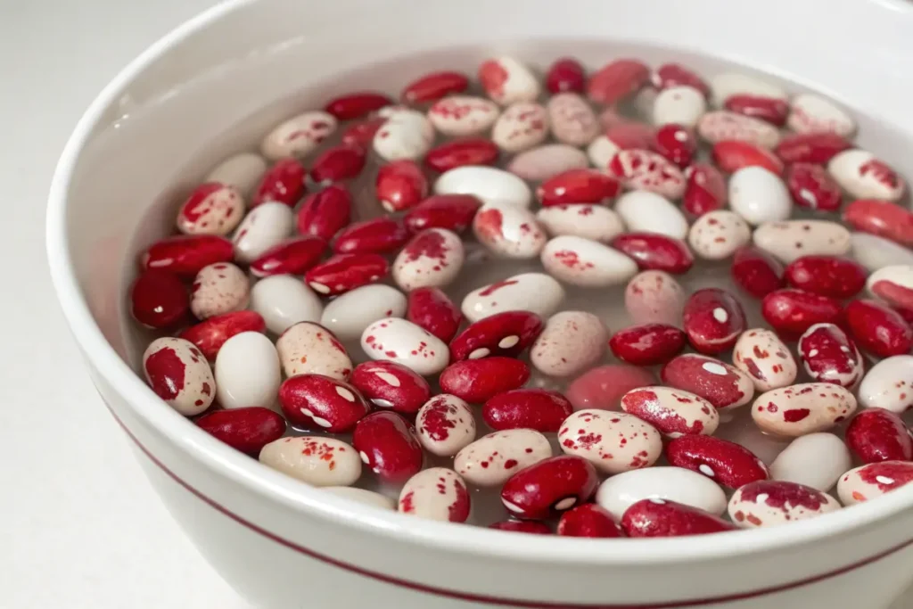 Raw cranberry beans soaking in a bowl of water.