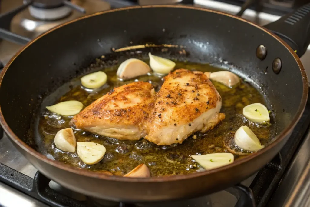 Chicken searing in a skillet for garlic parmesan chicken pasta.