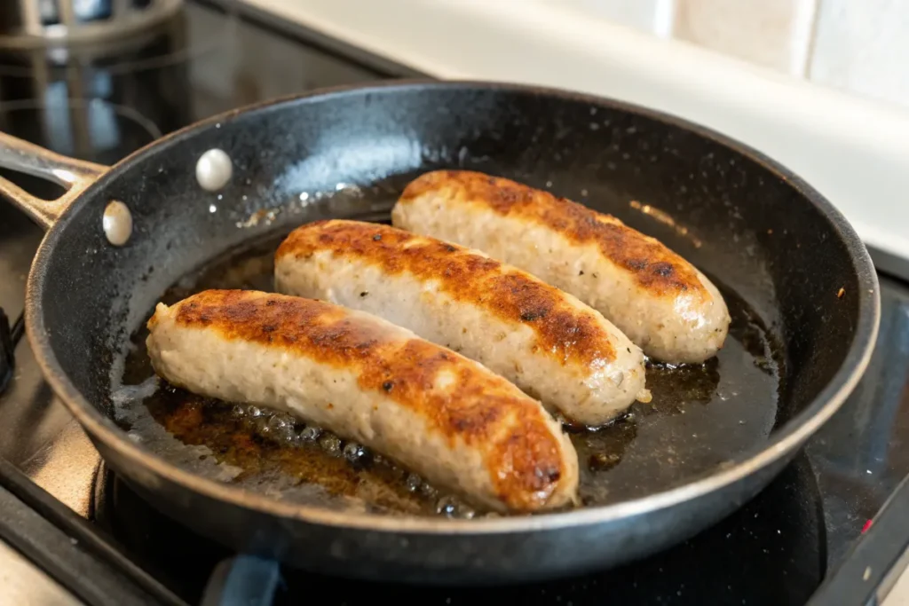 Cooking chicken breakfast sausages in a skillet