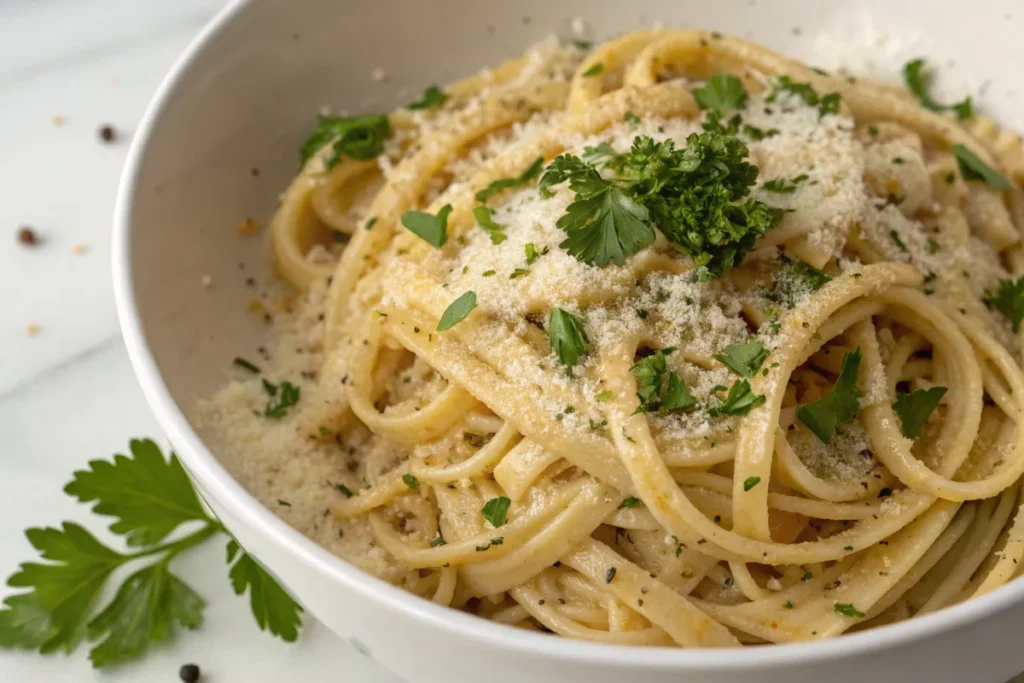 Pasta coated in garlic parmesan sauce, topped with parsley and parmesan