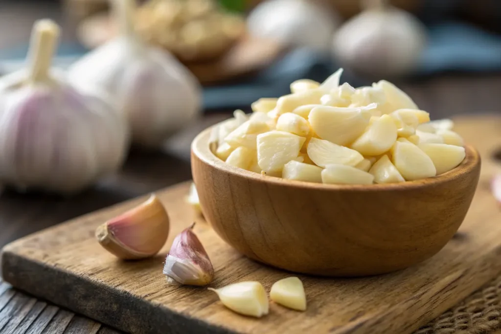 Freshly minced garlic cloves in a wooden bowl, ready for cooking