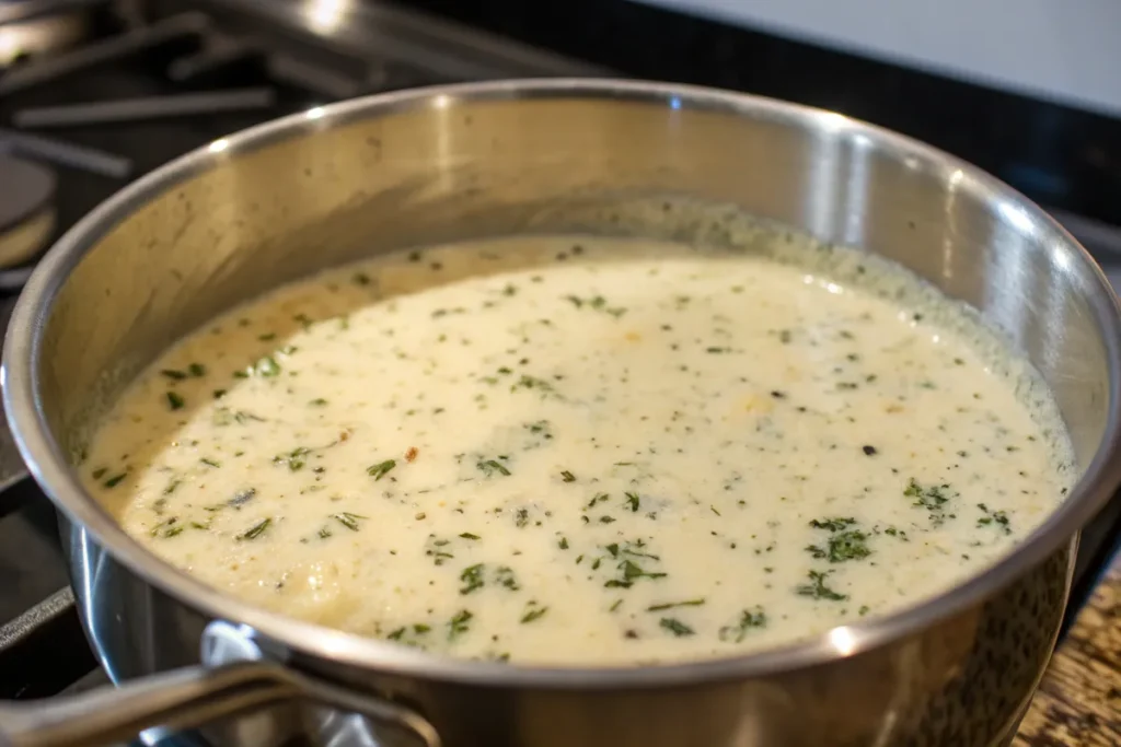 Creamy garlic parmesan sauce simmering on a stovetop with herbs.