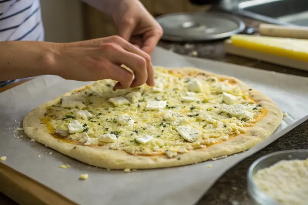 Unbaked cottage cheese pizza crust on parchment paper