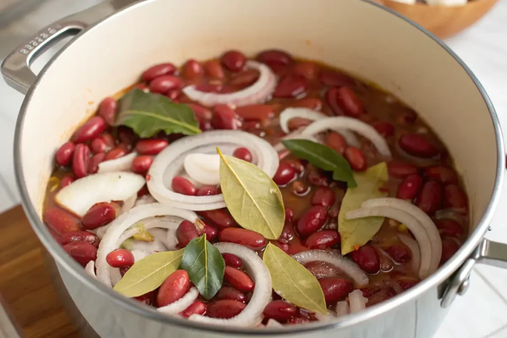 Cranberry beans cooking in a pot with aromatics.